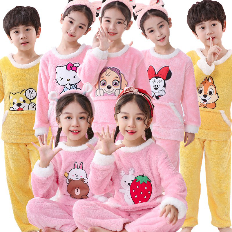 Autumn and winter children's pajamas children's long sleeve plush suit cute cartoon boys and girls baby home clothes