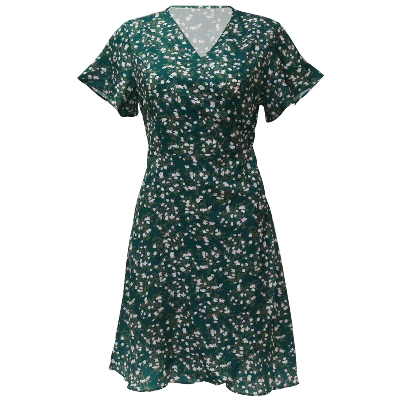 casual all-match floral print short-sleeved V-neck chiffon dress NSGE37762