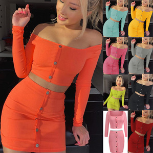 One shoulder long sleeve short skirt suit for women