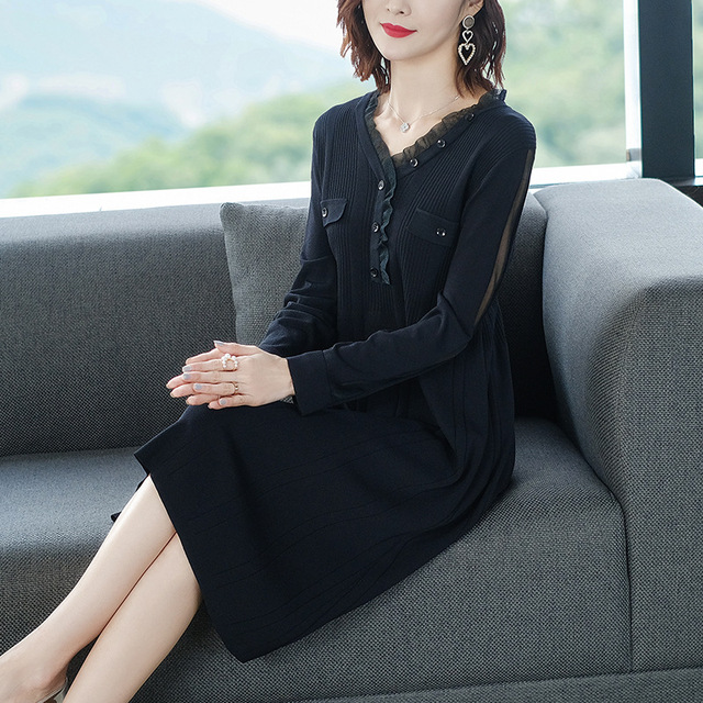 Korean sexy mesh edge V-neck Pullover dress loose medium length knitted A-line skirt for women