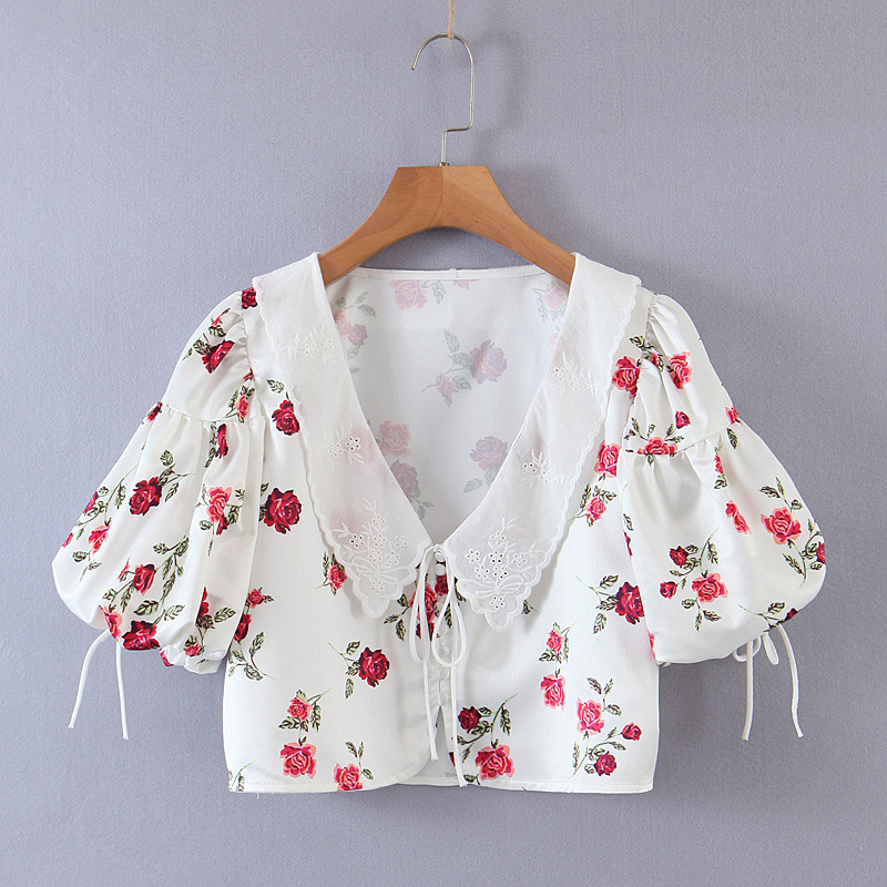 camisa de manga corta de otoño con flores de encaje para mujer NSAM5720