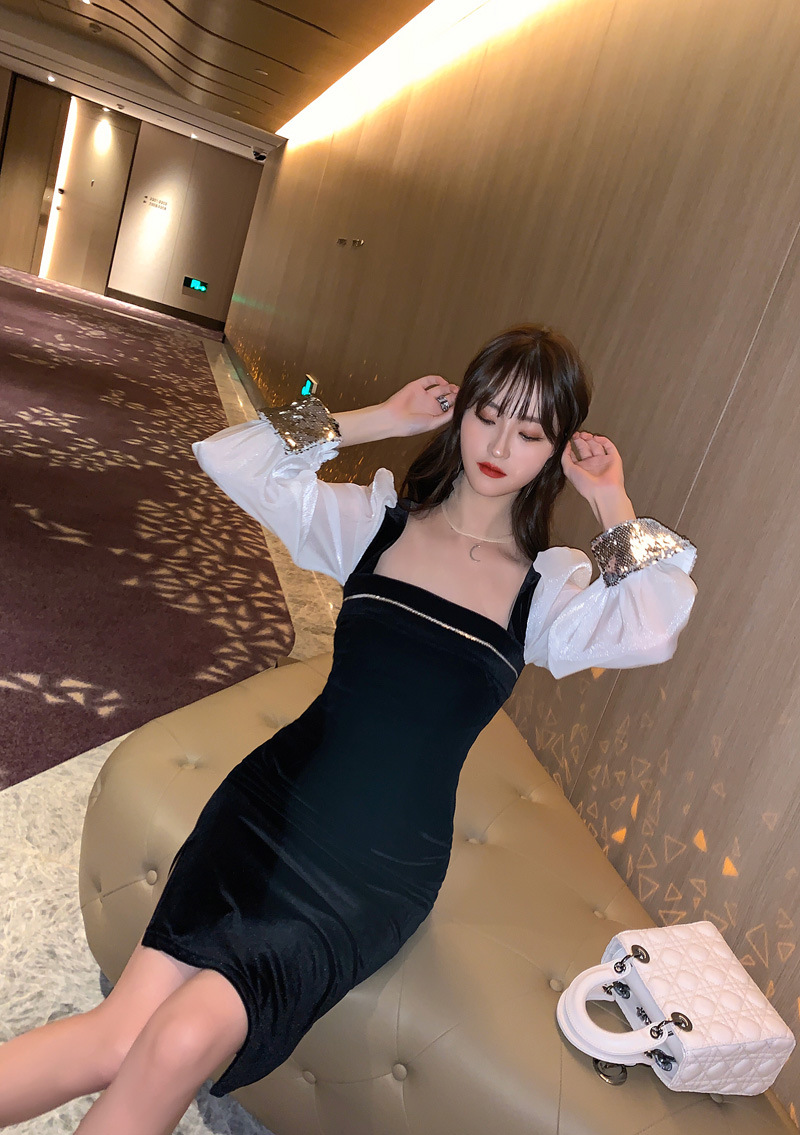 Váy nhung nữ cổ vuông ôm body xẻ tà phong cách Hepburn — Màu đen chi tiết 4