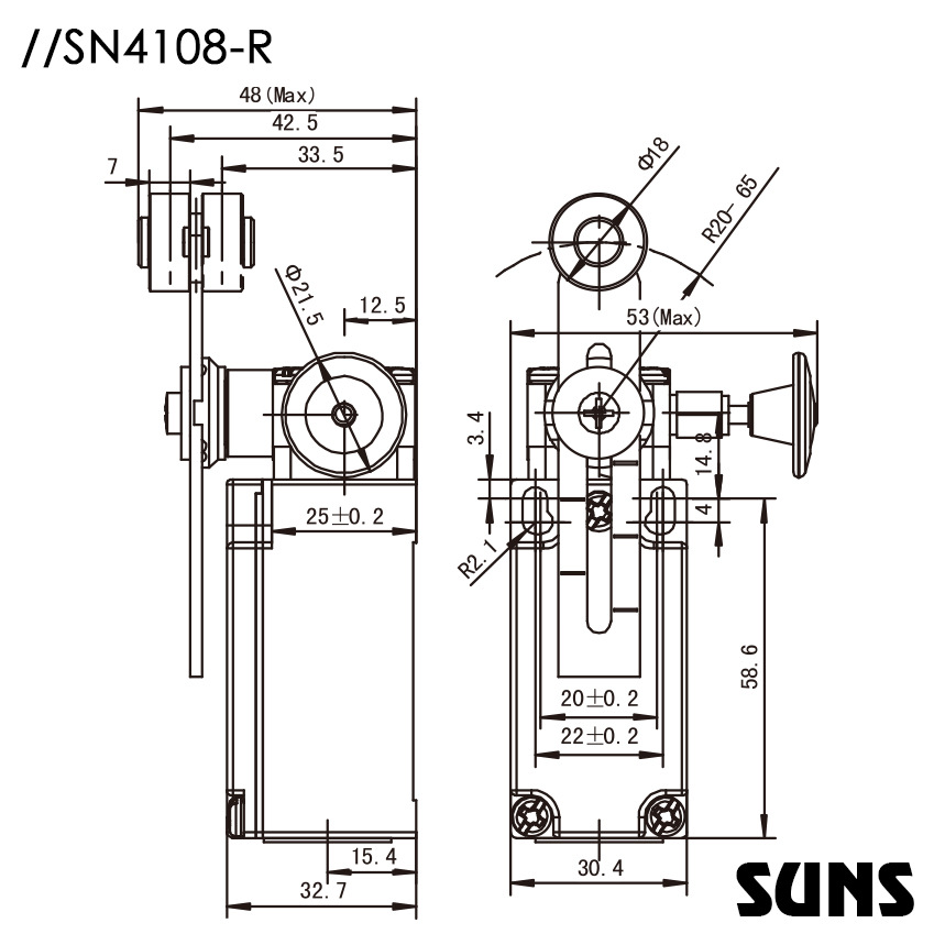 SUNS美国三实防水行程开关SN4108-R手动复位安全限位开关尺寸图