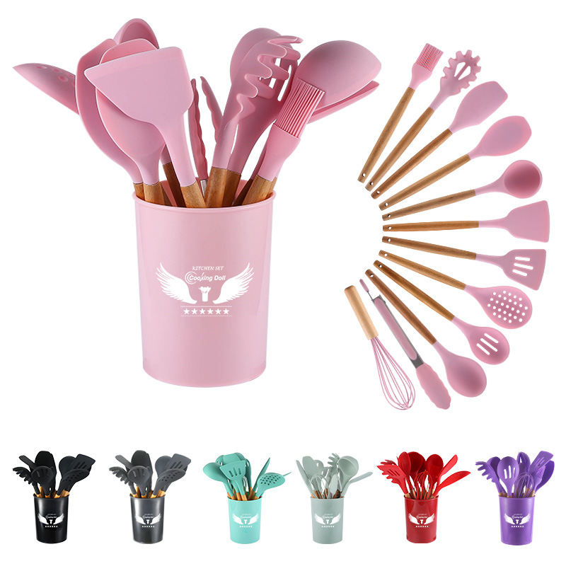 Wooden handle silica gel Kitchenware non-stick cookware cooking Shovel spoon suit 11 Set of parts 12 Set of parts Storage bucket Box