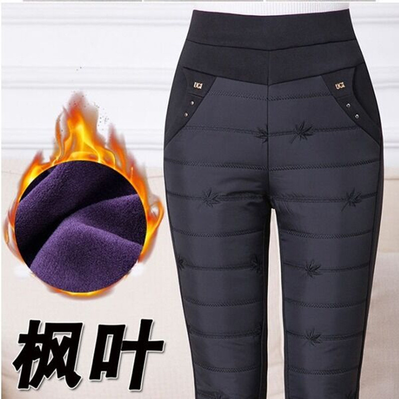 新款保暖羽绒棉裤女外穿高腰大码加绒绣花裤显瘦加厚妈妈裤子冬款|ru