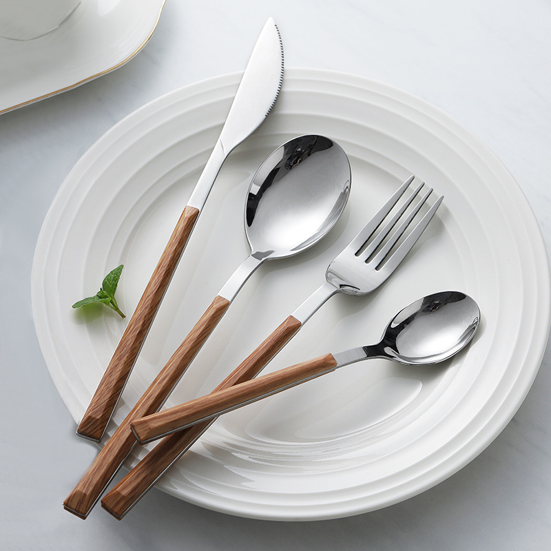 Nordic INS stainless steel net red creative imitation wooden handle wood grain knife fork spoon dessert to fruit fork four-piece set