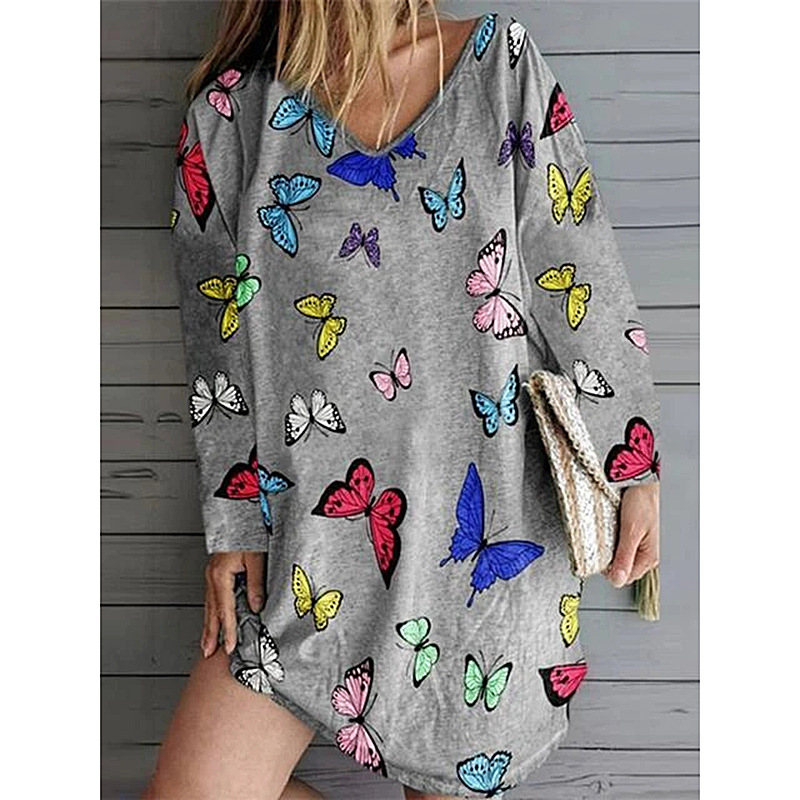 Fall Butterfly Print Long Sleeve V-neck Dress  NSKX5912