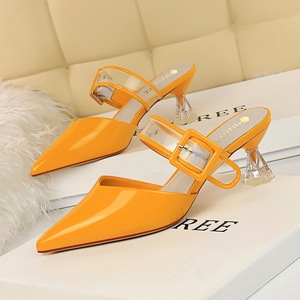 Korean crystal heel patent leather shallow pointed transparent women’s slippers