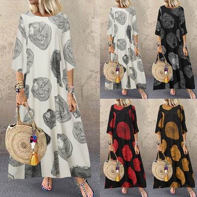 Cross-border dress 2020 Autumn new pattern Three Quarter Sleeve leisure time Retro Cotton and hemp Dress Large printing