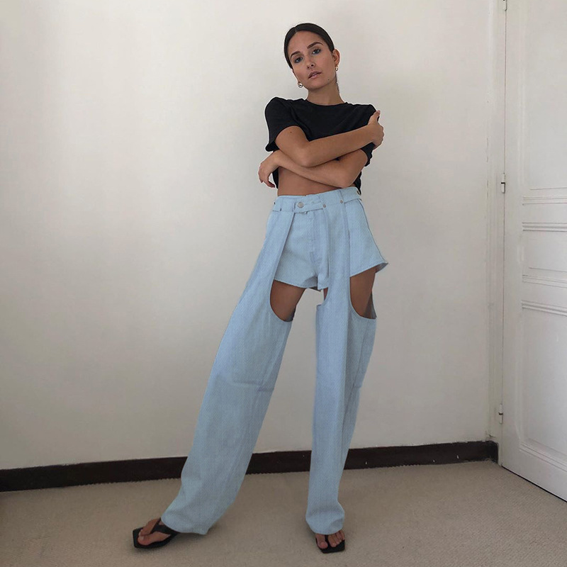 2020 Summer new arrival fashion detachable design high waist hollow jeans for women vintage style Casual pants loose trousers