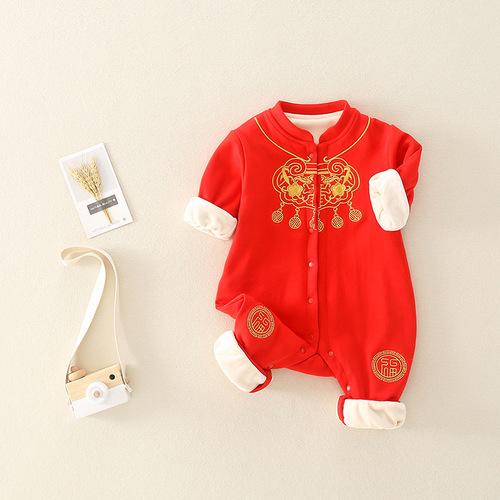 New Autumn/Winter Fleece Baby Bodysuit with Chinese Tang-style Gold Lock Outfit for New Year Celebration 100th Day Birthday