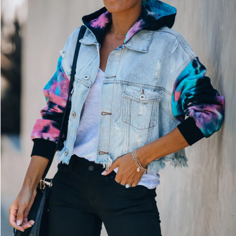 European And Beautiful Denim Jacket Color Matching Tie-Dye Ripped Fringed Jacket