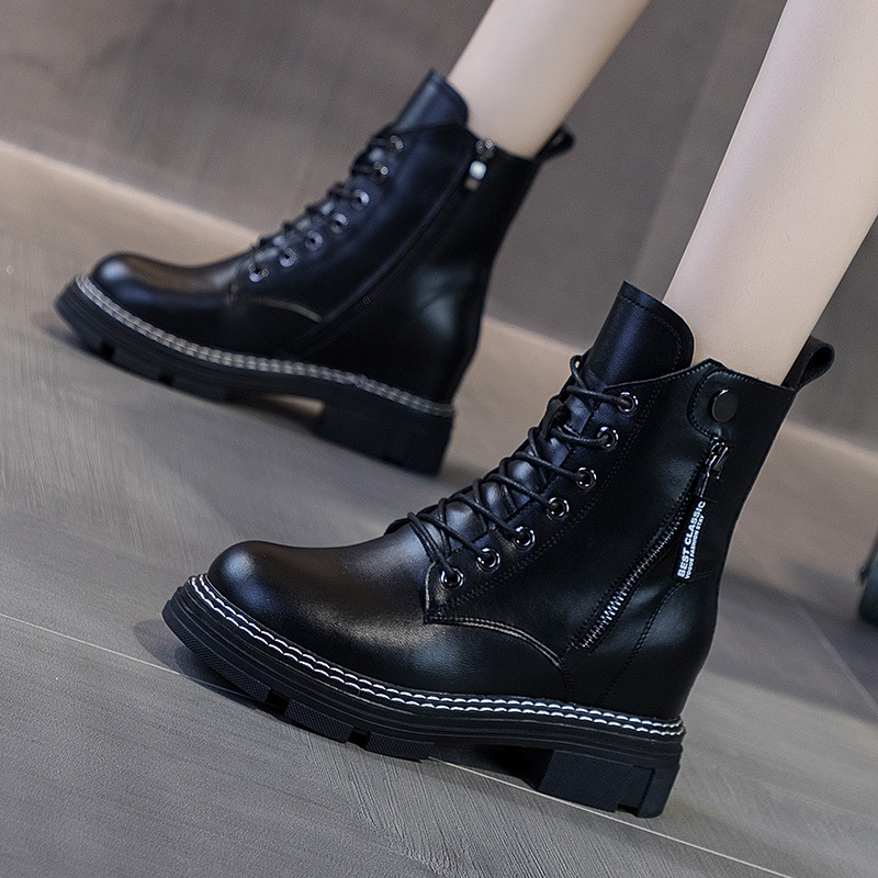 2021 autumn leather Martin boots women's thick bottom increase Korean version of the double zipper short boots thin women's shoes boots
