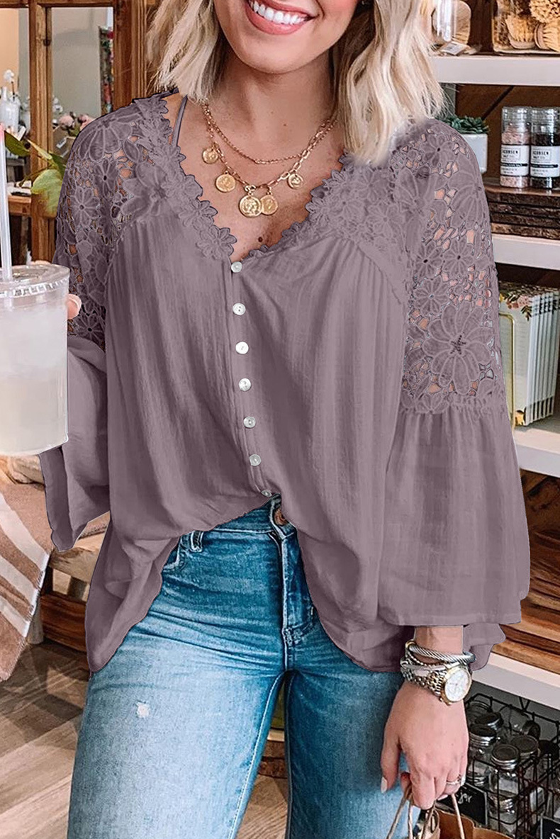 new V-neck trumpet sleeve pullover chiffon shirt  NSHZ35288