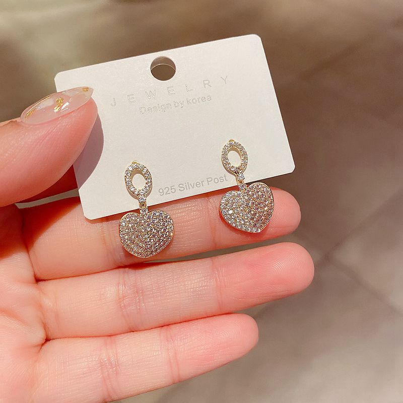 S925 Silver Needle Full Diamond Zircon Micro-inlaid Heart-shaped Earrings display picture 5