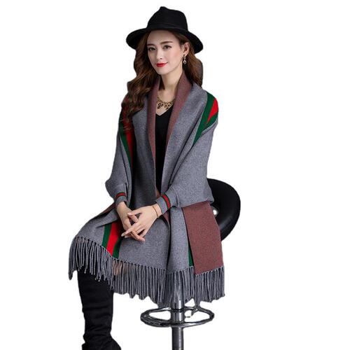 Autumn and winter new style tassel striped sleeved shawl cloak double-sided thickened coat women's bat sleeve knitted cardigan shawl