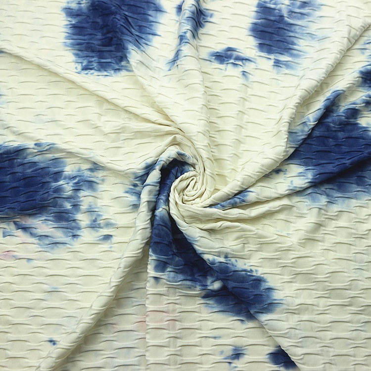 扎染针织涤氨纶泡泡提花布扎染方格提花单面泡泡布运动瑜伽服面料