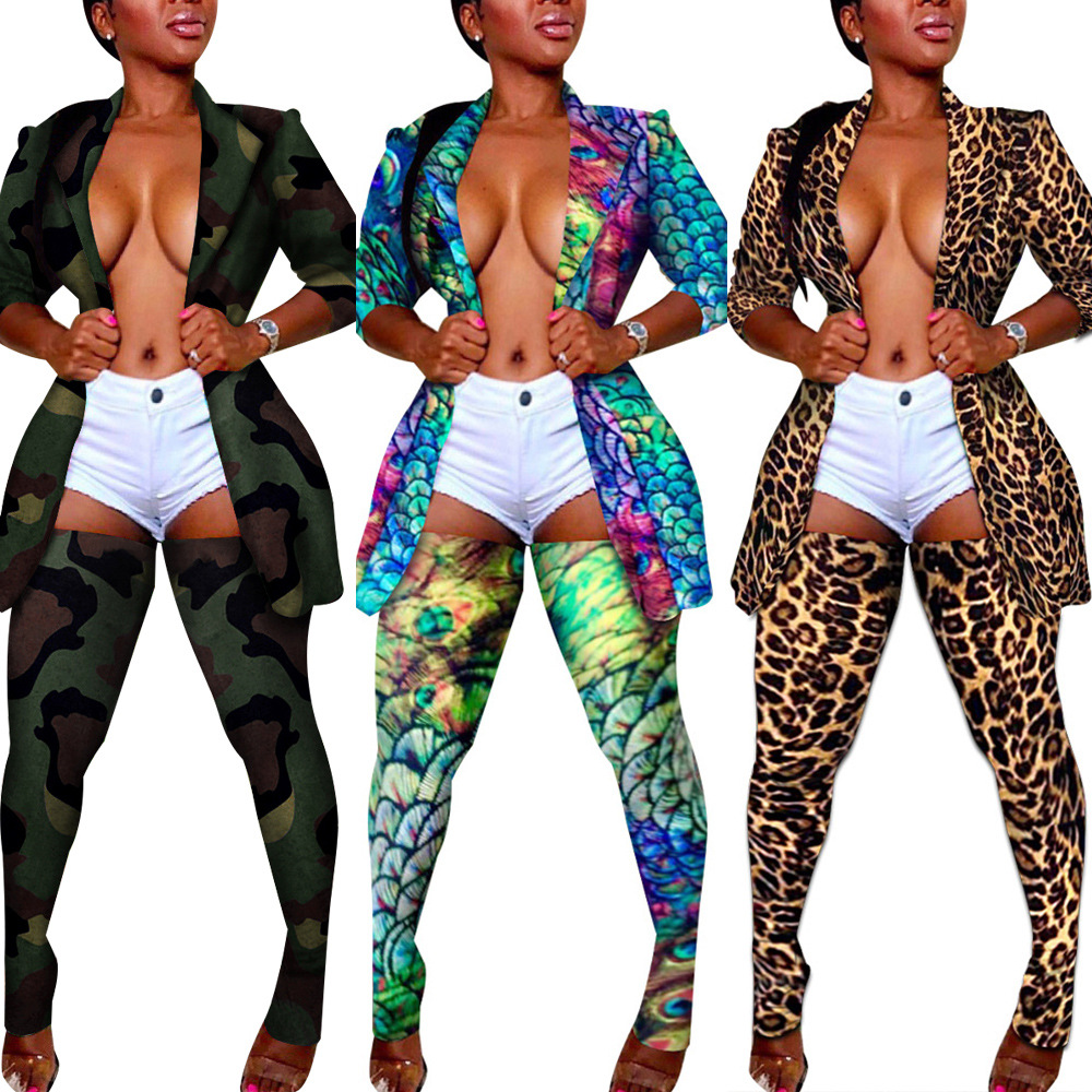 Printed Lapel Jacket & Slim Tights Leggings 2-piece Set NSWNY90720