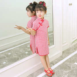 格子旗袍女童夏季中国风儿童修身连衣裙纯棉复古风老上海中式礼服