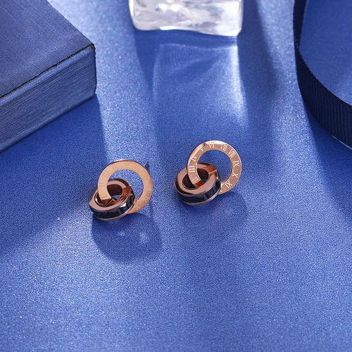 European and American Roman Diamond New Creative Earrings Rose Gold Titanium Steel Earrings Women's Double Ring Popular Earrings Jewelry