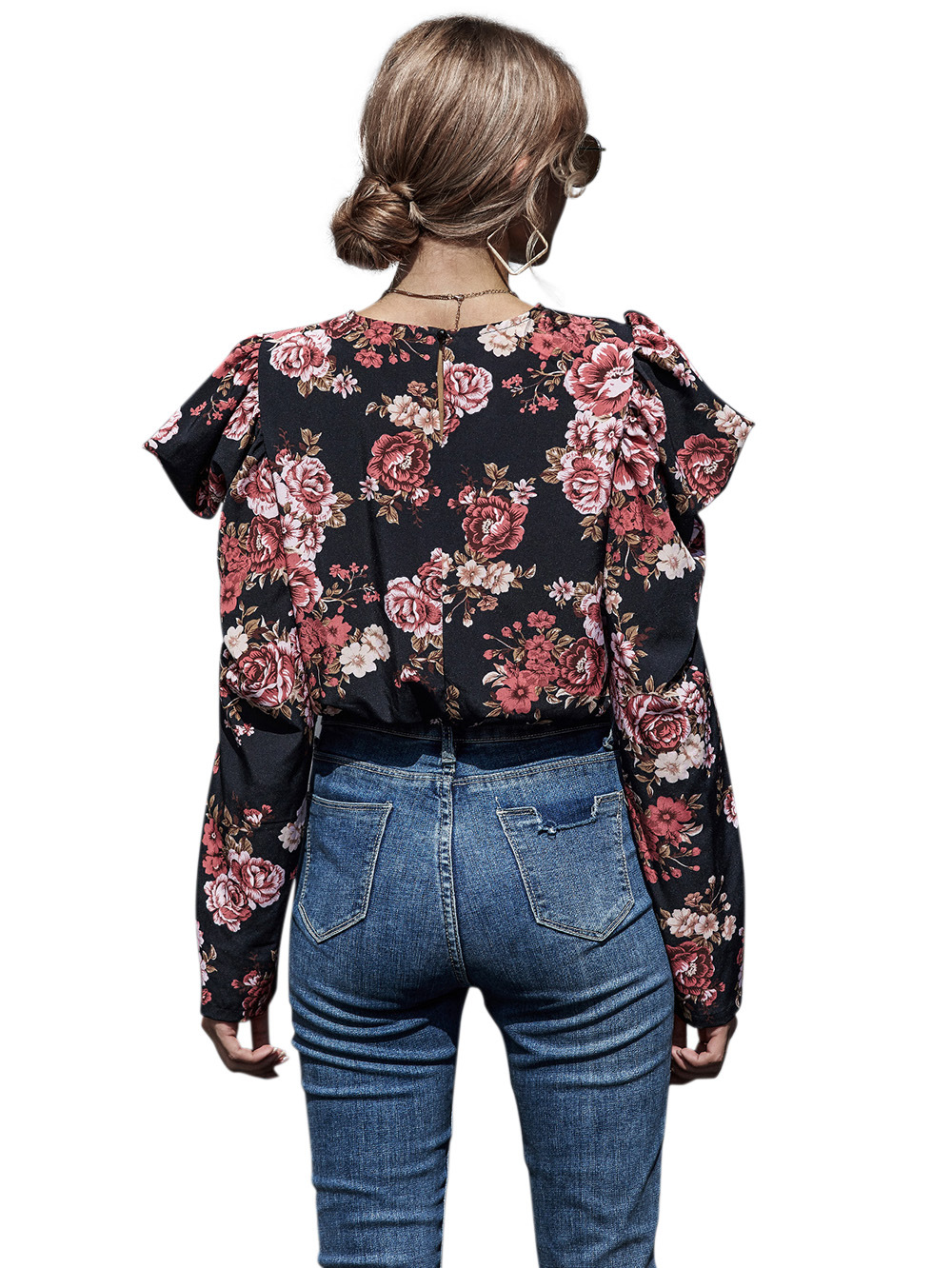 Camisa de gasa floral para mujer con mangas abullonadas NHDF100