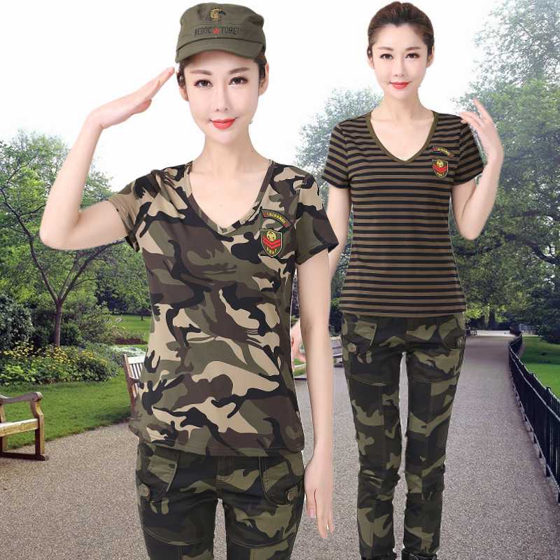 outdoors camouflage T-shirt summer pure cotton Thin section trousers suit Korean Edition Net Red Self cultivation Show thin jacket trousers