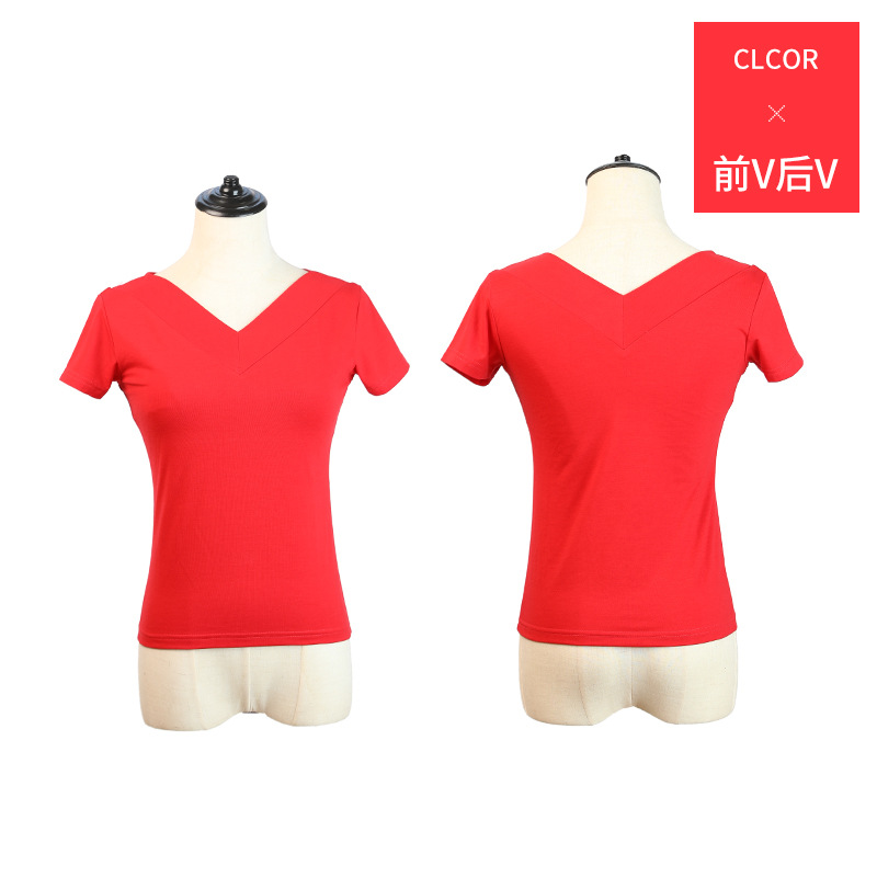 Ropa de baile cuadrada de mediana edad y ancianos con cuello en V para mujer nueva camiseta modal ropa de baile ropa de práctica de manga corta