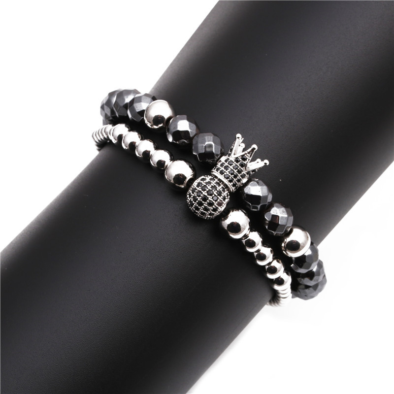 Black Gallstone Crown Bracelet Copper Micro Inlaid Zircon 10mm Drill Ball Adjustable Braided Bracelet display picture 10