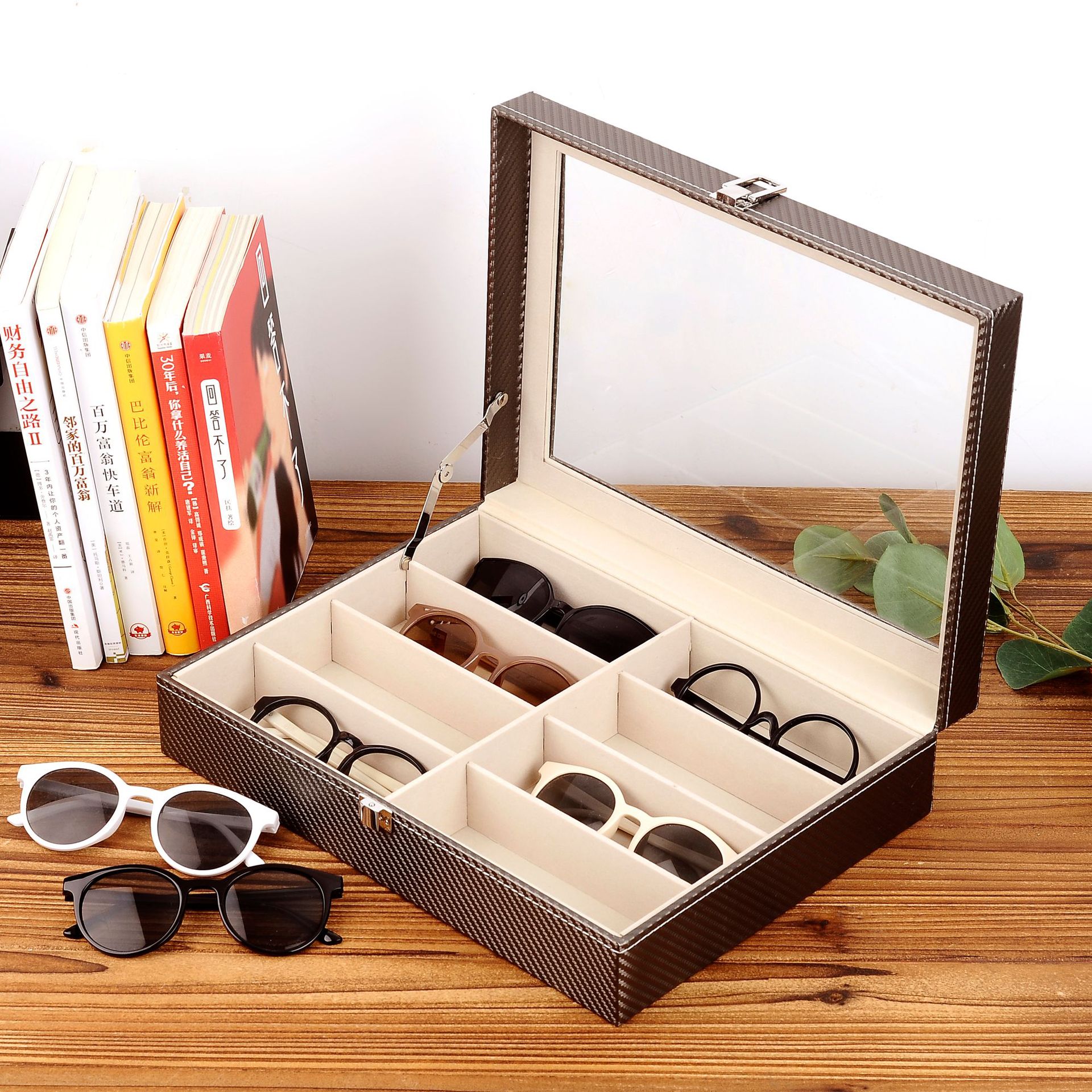 现货批发咖啡碳纤维PU8格位眼镜盒木质眼镜盒太阳镜墨镜收纳盒