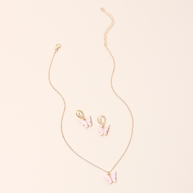 10g Weight Necklace Classification Wedding, Travel Occasion Alloy Material Circle Pattern Women'S Gender Pink, Purple, Green, Yellow Color Girls Fashion Butterfly Pendant Sen Earrings Clavicle Chain Super Fairy Earring Necklace 6