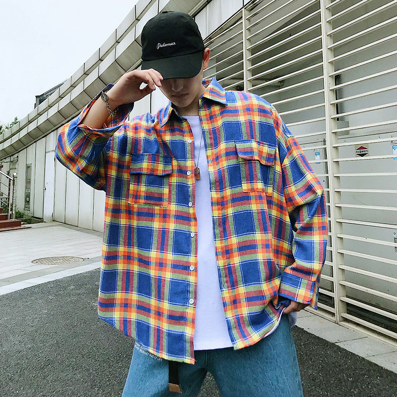 Summer ins Super Hot Plaid Long-sleeved Shirt Men's Summer Korean-style Fashionable Student Loose Distinctive ulzzang Fashionable Brand