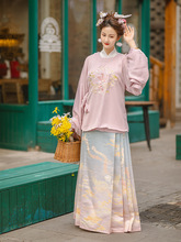 春季明制漢服女成人傳統古裝超仙刺綉圓領補服印花重工馬面裙女裝