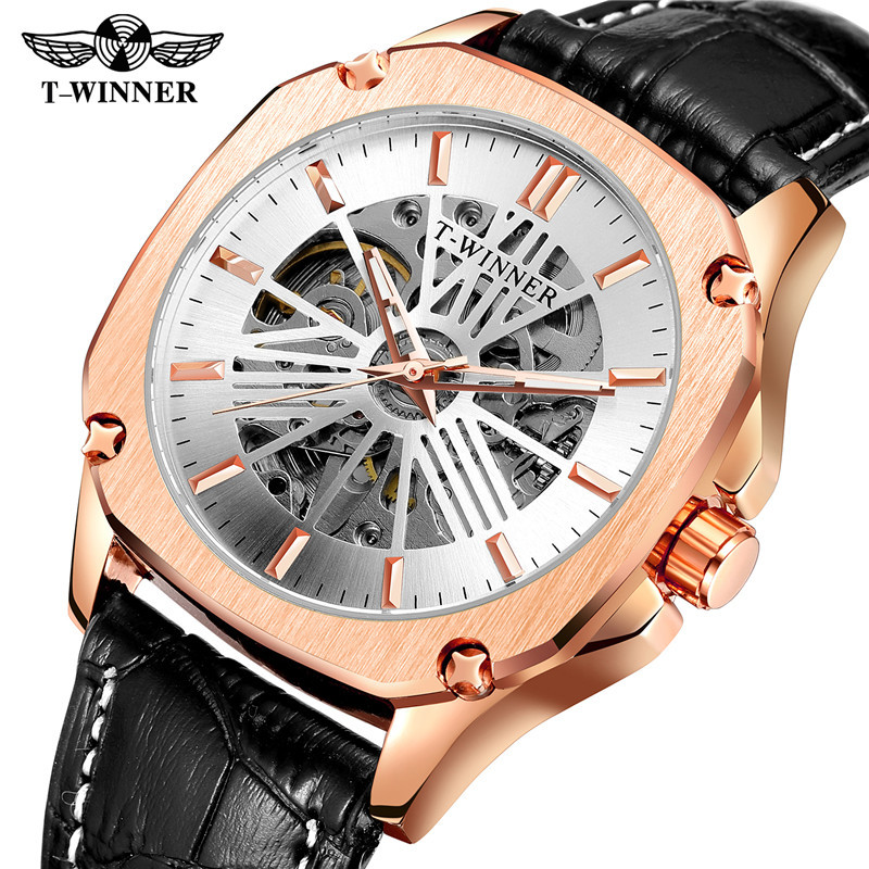 Ganador reloj mecánico automático para hombres moda hueco transparente volante correa de cuero reloj mecánico 8182