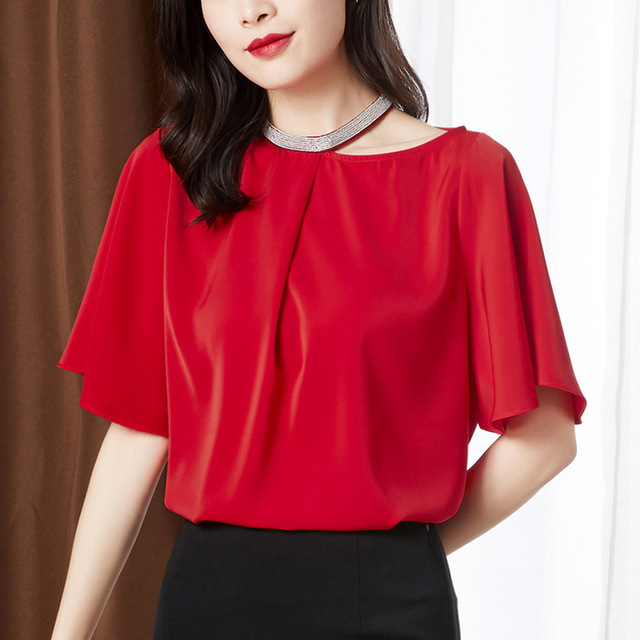 Women’s Chiffon Shirt Short Sleeve summer off shoulder fashion lotus leaf sleeve Korean small shirt