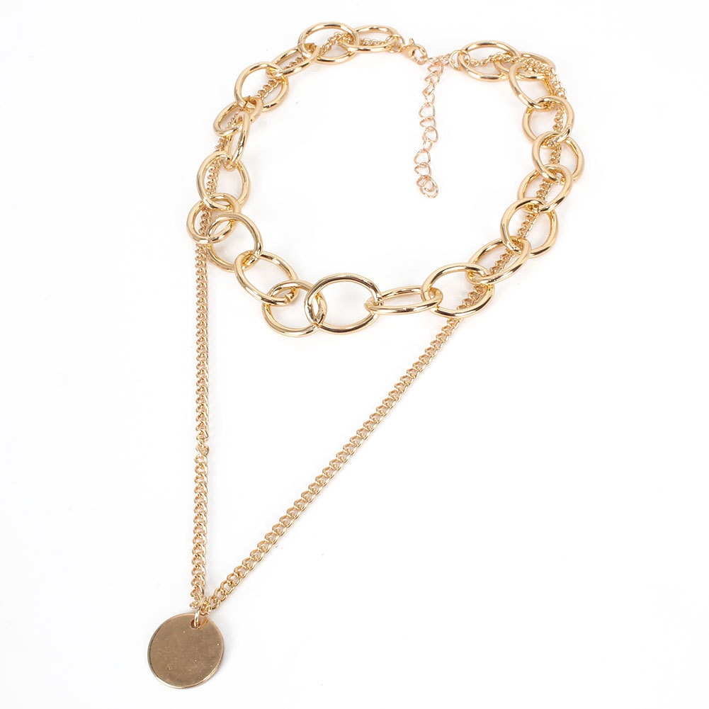 Gold Thick Chain Round Pendant Alloy Double Layer All-match Necklace Accessories display picture 2