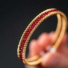 紅尖晶石編織手鐲女款天然水晶 14K包金酒紅圓珠珍珠手鏈開口手環