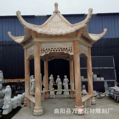 厂家批发定做定制汉白玉晚霞红石雕凉亭 公园小区单双层石凉亭