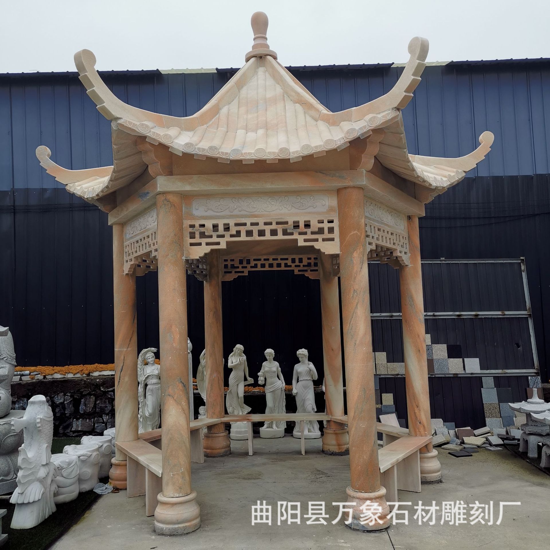 厂家批发定做定制汉白玉晚霞红石雕凉亭 公园小区单双层石凉亭