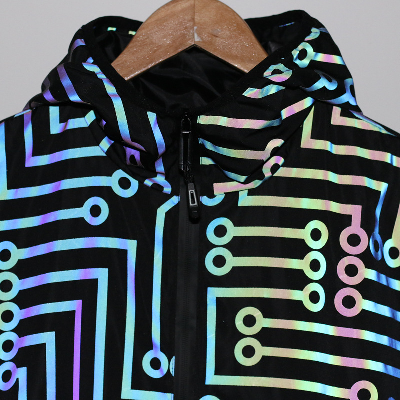 Men's Jacket Reflective Laser Circuit Pattern Hooded Windbreaker_voghion.com