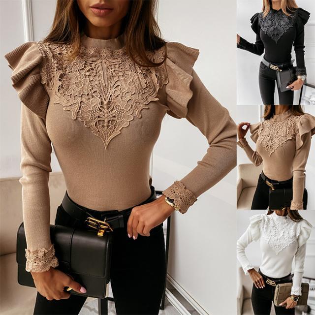 lace stitching long-sleeved solid color knitted shirt  NSYD15125