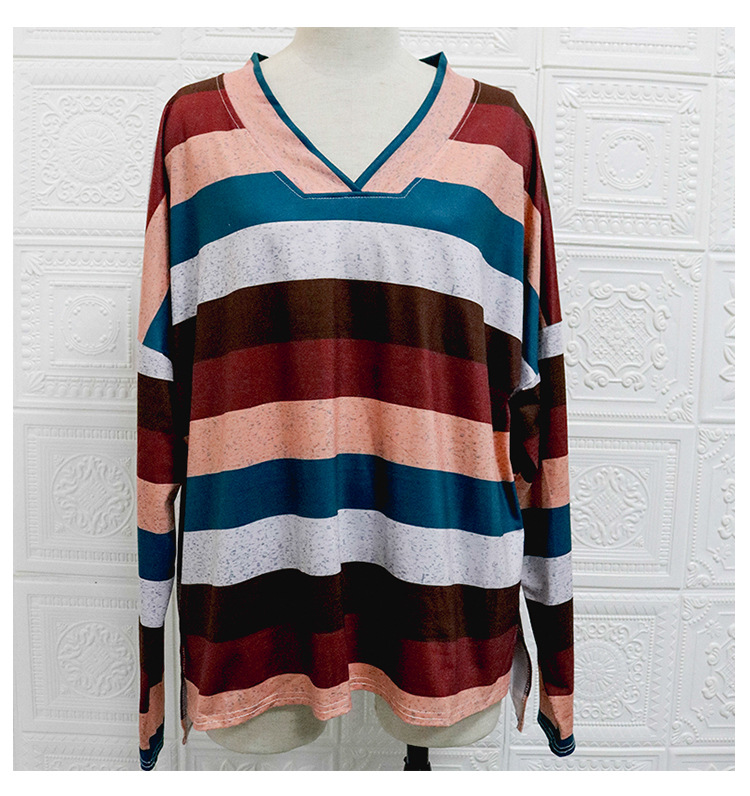 striped long-sleeved loose V-neck t-shirt  NSXS36182