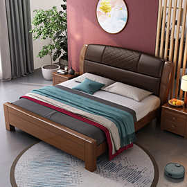 金丝胡桃木实木床1.8米新中式双人床1.5主卧现代简约储物软包皮床