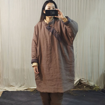 Original winter Retro Surplice Color matching Patch Flash thickening Flax cotton-padded clothes XL Cotton and hemp Cotton Yellow leaf