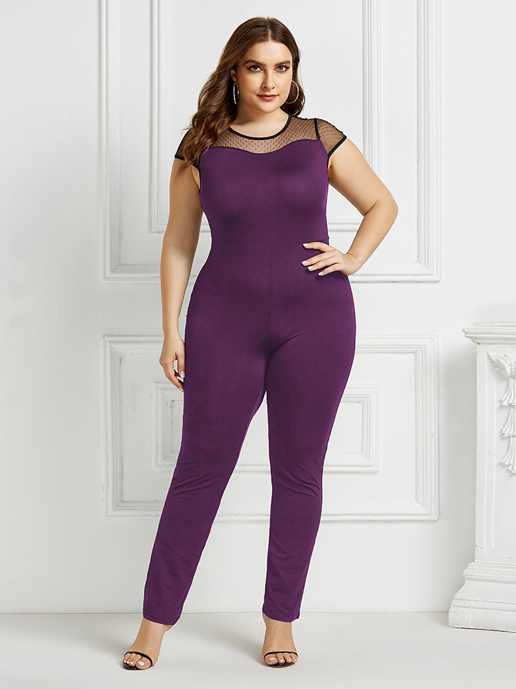 Mesh Stitching Sexy Large Size Fashion Short Sleeve Round Neck Jumpsuit NSLM33270