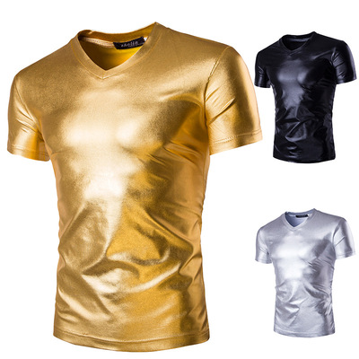 Men's jazz dance stage performance silver gold T-shirt V-neck shiny nightclub costume sexy men's short-sleeved T-shirt