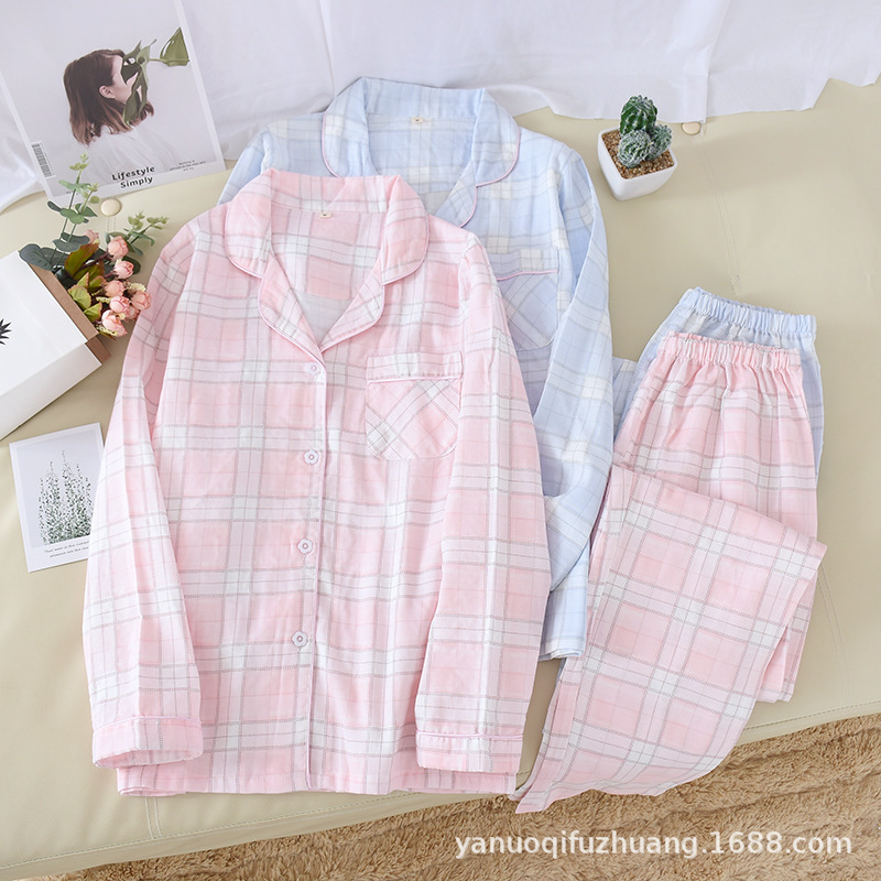 Wholesale Summer Plaid Gauze Bamboo Cotton Set Cotton Pajamas Set Women Thin Cardigan Comfortable Home Clothes Wholesale Summer Plaid Gauze Bamboo Cotton Set Cotton Pajamas Set Women Thin Cardigan Comfortable Home Clothes