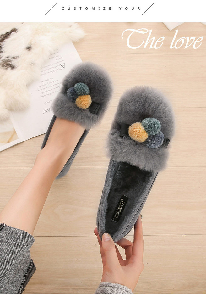 Giày lười nữ mũi tròn lót lông thỏ đế dày giữ ấm — Màu xám, Màu đen chi tiết 18