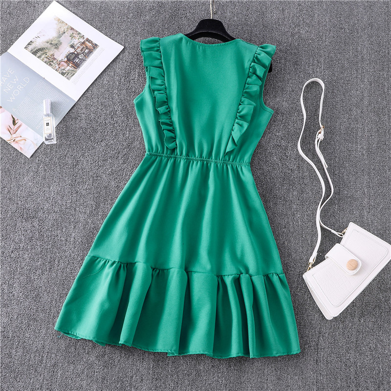 New Yellow V-neck Flounce Bubble Lace-up Dress in Dresses