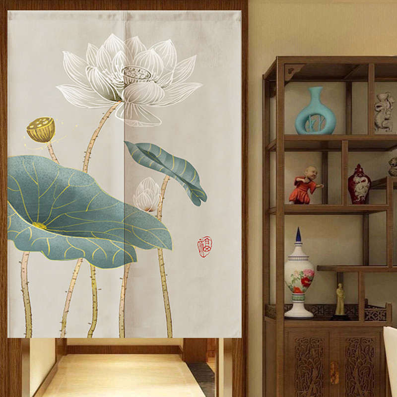 New Chinese-style Lotus Fabric Door Curtain Chinese-style Partition Curtain Household Bathroom Kitchen Room Shelter Decorative Curtain