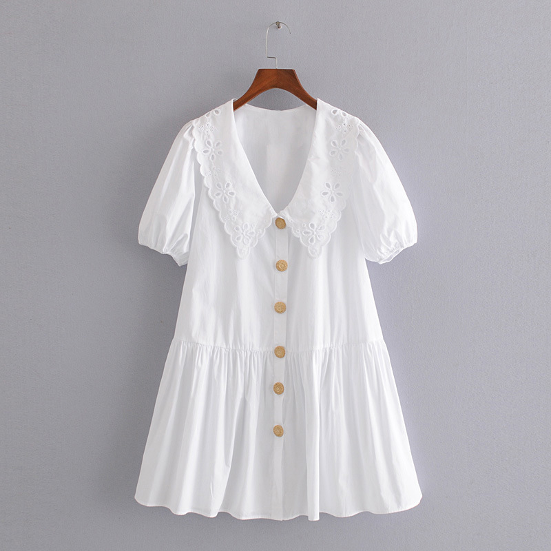 2020夏季新款欧美风凸纹蕾丝装饰排扣府绸宽松连衣裙1971062